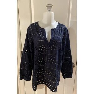 Chico's Top Women Size 3 Eyelet Embroidered Blouse Navy Blue Floral Split Neck‎